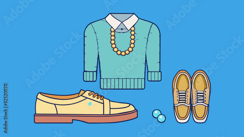 Preppy A preppy style exudes sophistication and polished elegance. Objects include a cable knit sweater a pair of boat shoes and a pearl necklace.. Cartoon Vector.