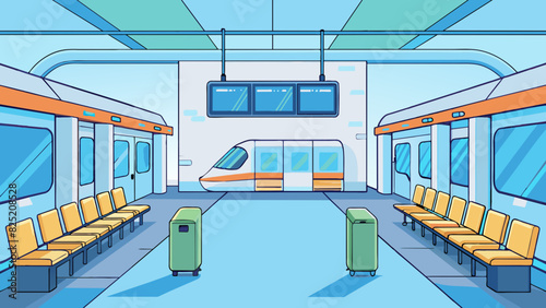 Provision of transportation A modern train station with a spacious waiting area ticket counters and electronic boards displaying train schedules. The. Cartoon Vector.