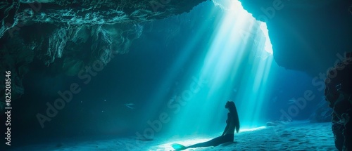 Close-up beautiful mermaid ,cave Below is blue sea water. There is a light passing through. Makes the clearly visible --ar 7:3 Job ID: d63bd2f4-1b05-47c7-8ad9-4076e75c80f2