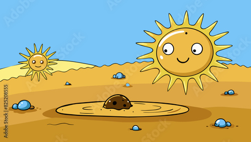 Puddle As the sun shone down the puddle reduced in size until it completely evaporated leaving behind a dry spot on the ground.. Cartoon Vector.