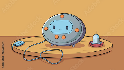 Resting on the table was a small round device that emitted a soft pulsating light. It had a flat surface with a series of buttons and a small screen. Cartoon Vector.