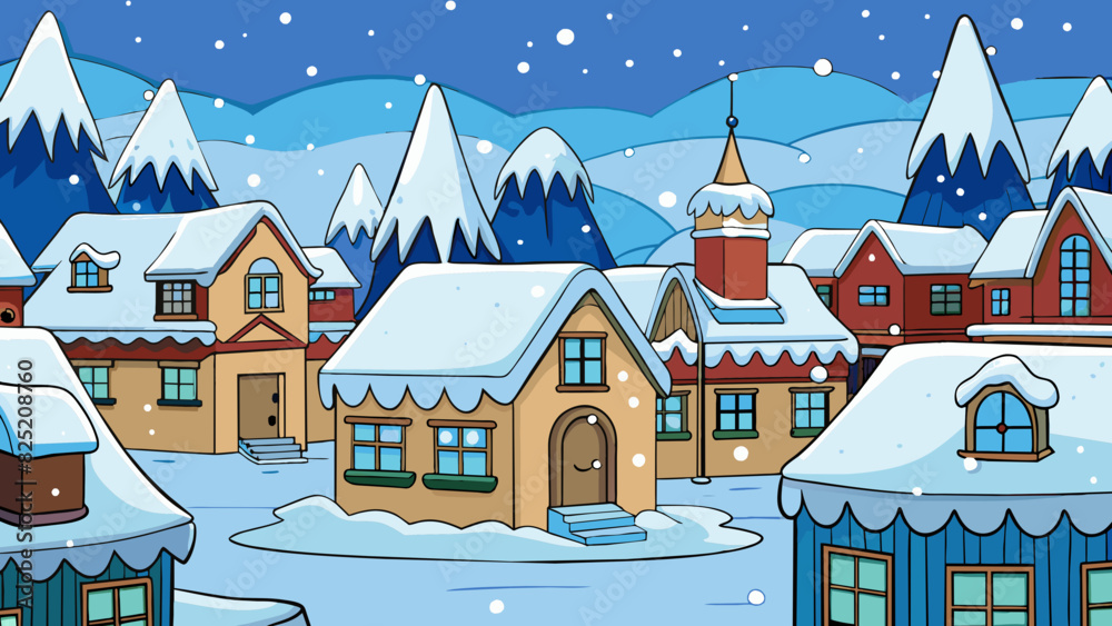 Naklejka premium Since the snow began to fall the town has been transformed into a winter wonderland. The rooftops are now blanketed in a thick layer of white and the. Cartoon Vector.