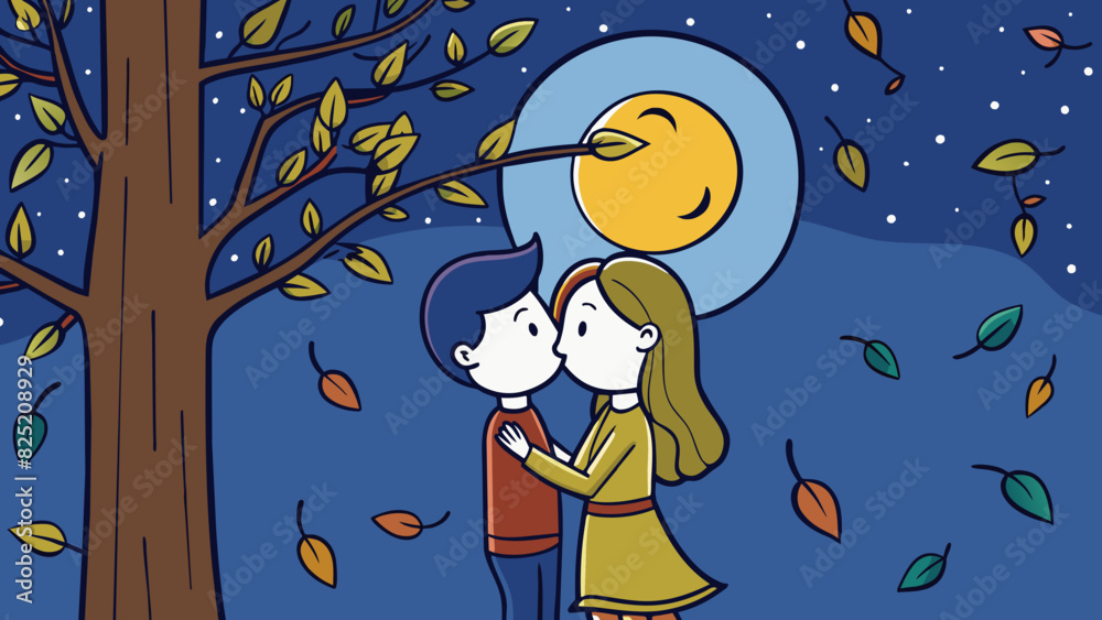 Stolen Kisses Two figures huddled behind a tree their faces illuminated by the moonlight as they share a tender and forbidden kiss. The leaves rustle. Cartoon Vector. Stolen Kisses Two figures huddled behind a tree their faces illuminated by the moonlight as they share a tender and forbidden kiss. The leaves rustle. Cartoon Vector.