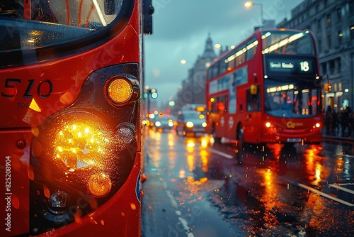 A red bus with the number 5270 on the front is driving down a wet street