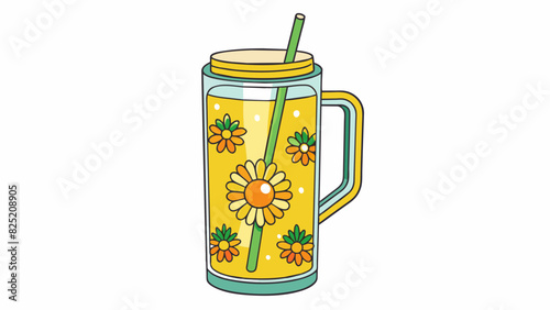Sunny Sipper A tall clear glass with a handle and a lid designed to be used for drinking cold beverages. It has a yellow sun and colorful flowers. Cartoon Vector.