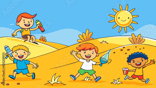 Summer The sun beats down on the golden sand dunes making the shimmering waves of the ocean look inviting and refreshing. The scent of sunscreen and. Cartoon Vector.