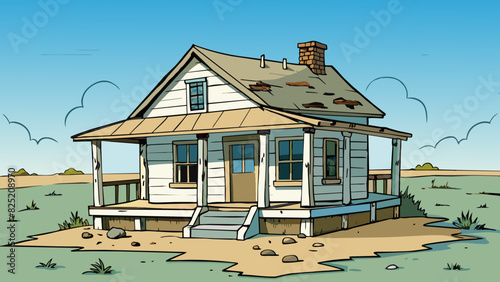 The abandoned farmhouse was ly standing its peeling paint and crumbling walls telling tales of neglect. The front porch was ly attached and swayed in. Cartoon Vector.