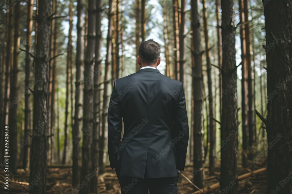 Professional businessman in a tranquil forest. Wearing a suit and contemplating in solitude. Surrounded by nature and greenery
