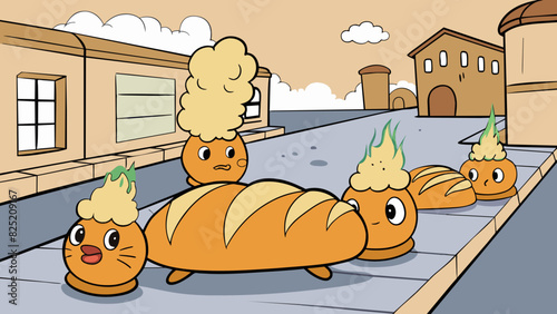 The aroma of freshly baked bread wafted away from the bakery and into the street causing stomachs to rumble and mouths to water.. Cartoon Vector.