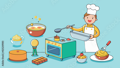 The baking od When baking a cake the first step is usually to preheat the oven. Then mix all the necessary ingredients in a bowl before pouring the. Cartoon Vector.