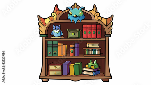The bookshelf was made of dark sy wood and had multiple shelves each holding a collection of books. The edges were ornately carved and a small dragon. Cartoon Vector.