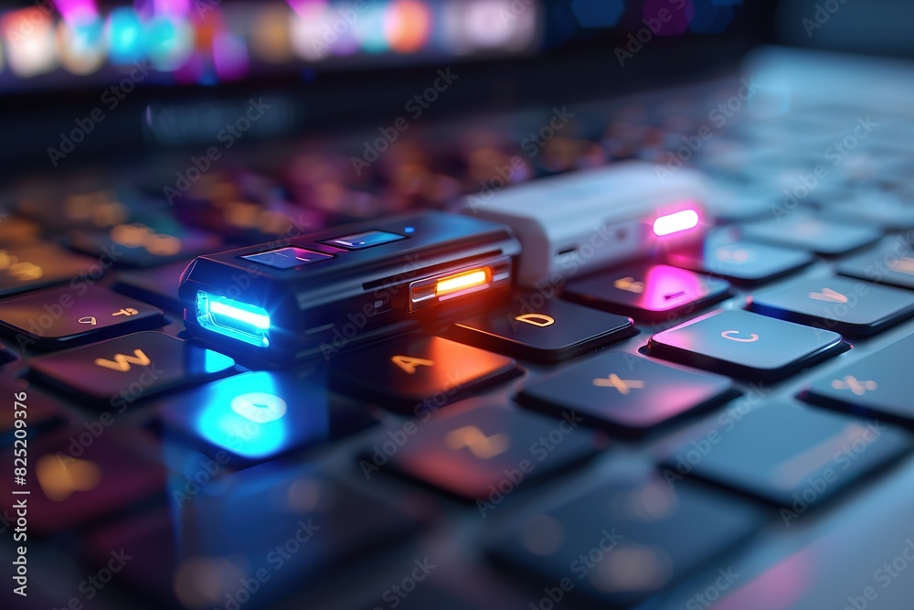 A keyboard with a USB flash drive on it A keyboard with a USB flash drive on it