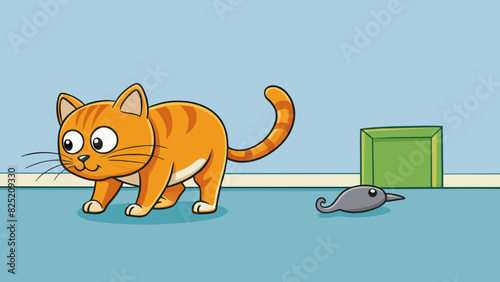 The cat crouched low its eyes narrowed towards the unsuspecting mouse scurrying across the kitchen floor. Its tail flicked with anticipation as it. Cartoon Vector.