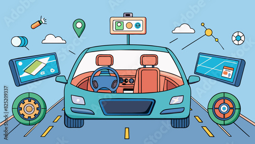 The car was fully equipped with all the latest safety features including blind spot monitoring lane departure warning and adaptive cruise control. It. Cartoon Vector.