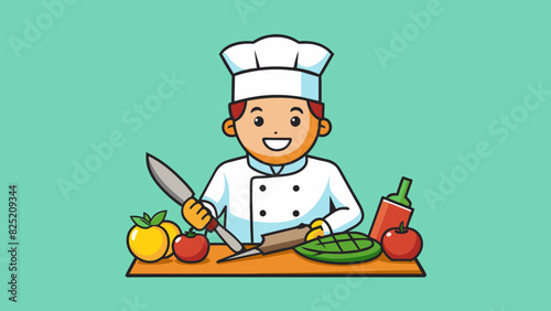 The chef confidently chopped vegetables with sharp precision knives displaying their exceptional culinary ability.. Cartoon Vector.