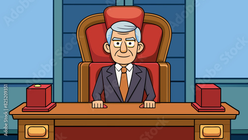 The chairman sat at the head of the long polished table his posture tall and confident. His leather chair was adorned with a high back and armrests. Cartoon Vector.