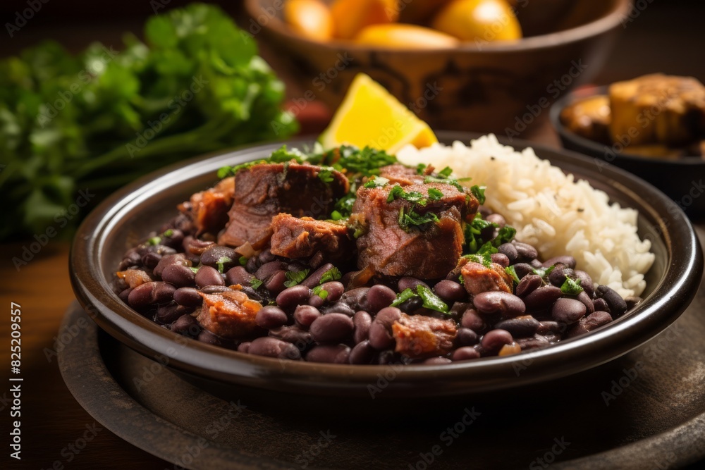 Tasty feijoada on a rustic plate against a coffee sack fabric background Tasty feijoada on a rustic plate against a coffee sack fabric background