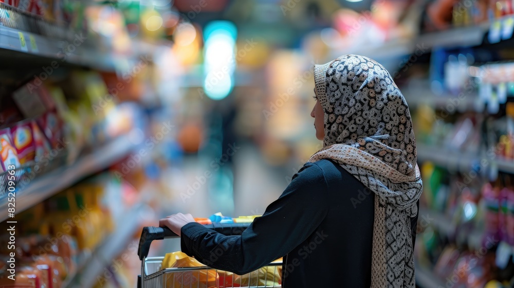 Obraz premium Grocery Galore: A Woman Ventures Through the Aisles With Her Trusty Cart