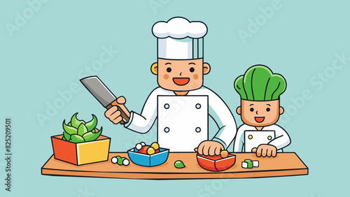 The cooking class involved using a sharp knife to chop various vegetables into small cubes. The knife had a wooden handle and a silver blade with a. Cartoon Vector.