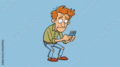  The concerned man is wearing a wrinkled shirt and his hair is disheveled from running his hands through it repeatedly. He keeps glancing at his phone. Cartoon Vector.