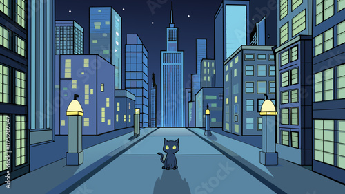 The city was shrouded in a blanket of darkness broken only by the glowing windows of skyscrs and the occasional passing car. The streets were deserted. Cartoon Vector.