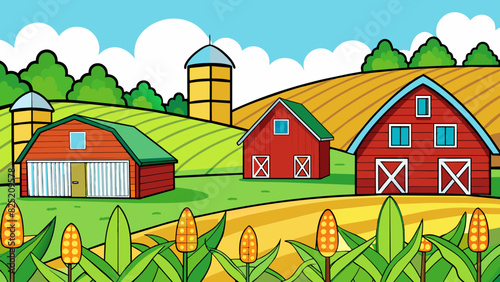 The county is filled with charming wooden barns each with a unique color and pattern of peeling paint dotting the landscape a the vibrant green fields. Cartoon Vector.