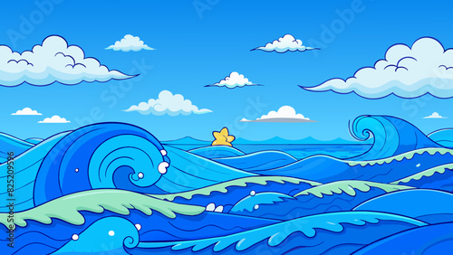 The deep alluring blue of the ocean with its vastness and everchanging waves evokes a sense of calmness and tranquility.. Cartoon Vector.