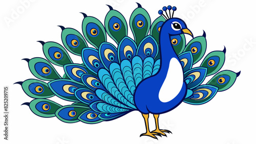 The elegant pea strutted proudly his feathers displaying a stunning array of rich blues ranging from the deepest sapphire to the palest aquamarine.. Cartoon Vector.