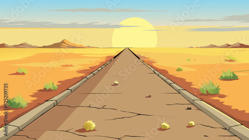The dusty road stretched out for miles disappearing into the horizon. Along its edges sp patches of grass and shrubs dotted the otherwise barren. Cartoon Vector.