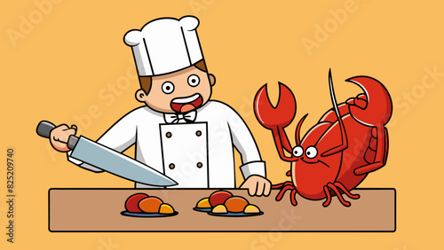 The fearless chef wielded a large butchers knife skillfully chopping and dicing the live lobster before quickly plunging it into boiling water ending. Cartoon Vector.