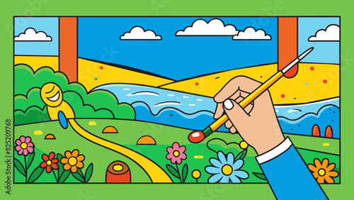 The final brushstroke on a massive canvas painting carefully p by an artists hand completes a vibrant meadow scene. The colorful strokes of green. Cartoon Vector.