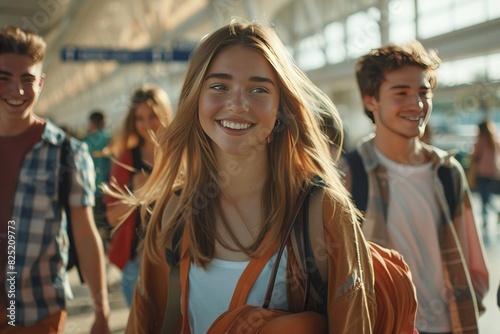 A girl with a backpack is smiling at the camera