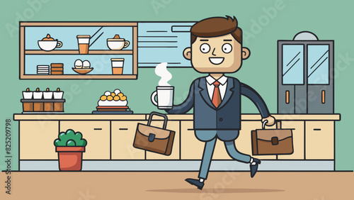 The fifth customer is a busy working professional dressed in a tailored suit and carrying a briefcase. He stops by a coffee shop on his way to work. Cartoon Vector.