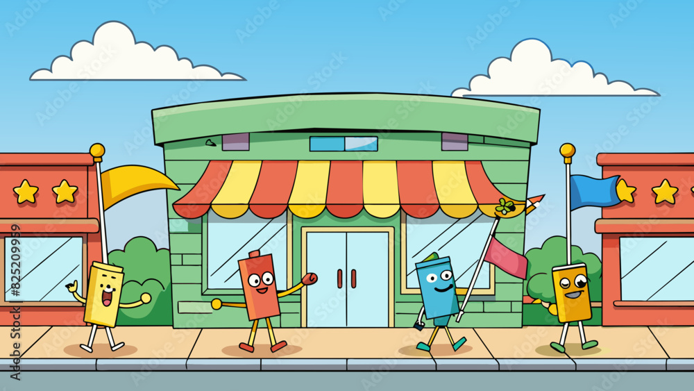 The flags outside the store stood at attention flapping furiously in the brisk wind.. Cartoon Vector.