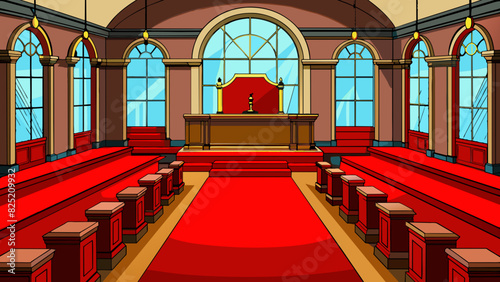 The floor of the court was covered in a deep red carpet adding to the sense of grandeur and professionalism. The walls were lined with large arched. Cartoon Vector.