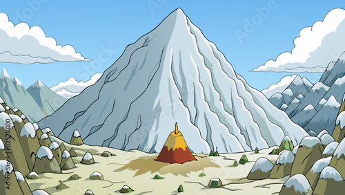The Great Mountain loomed over the valley its peak covered in a blanket of glistening snow. Jagged rocks and boulders lined its sides creating a. Cartoon Vector.