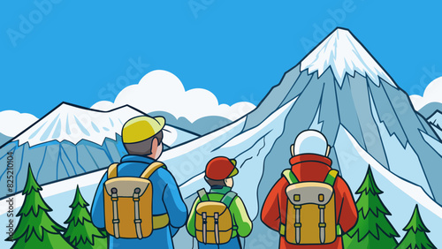 The hikers gaze was fixed towards the snowy mountaintops their jagged peaks rising high into the clear blue sky. She could feel the crisp chilly air. Cartoon Vector.