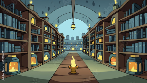 The Great Library was a vast maze of shelves each one stacked high with dusty tomes and ancient scrolls. The air was thick with the smell of paper and. Cartoon Vector.