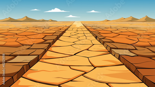 The ground is made up of cracked dry earth stretching out for miles. The dirt is reddishbrown and appears parched from lack of moisture. The cracks in. Cartoon Vector.