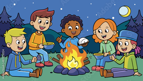 The group of friends sat around the campfire roasting marshmallows and sharing stories. Despite their different backgrounds and personalities their. Cartoon Vector.