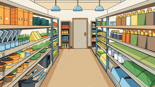 The hardware store has a section dedicated to gardening supplies. The aisle is lined with shelves containing different types of seeds gardening tools. Cartoon Vector.
