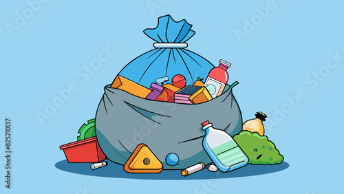 The heavy trash bag was full to the brim bursting at the seams with discarded paper plastic and food waste. Its weight made it a struggle to lift and. Cartoon Vector.