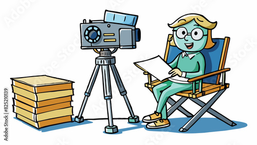 The heavy directors chair creaked under the directors weight as she leaned forward to give instructions to the camera crew. Her worn notebook was. Cartoon Vector.