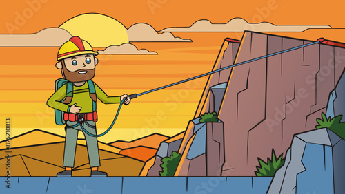 The hiker stood at the base of a steep rock face gripping onto his ropes and harness. He knew it would be a difficult climb but he was determined to. Cartoon Vector.