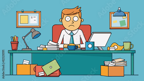 The husbands messy desk was a reflection of his busy mind tered with papers pens and his favorite mug. Though disorganized he always knew exactly. Cartoon Vector.