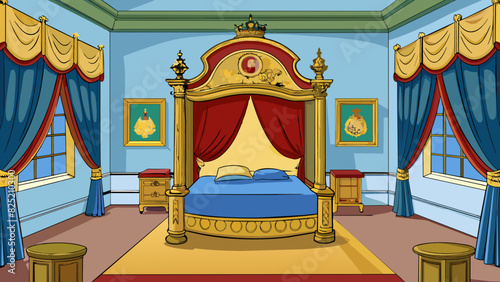 The kings chambers were filled with luxurious furnishings from the plush silk curtains to the gilded fourposter bed. A large tapestry depicting the. Cartoon Vector.