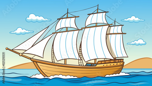The large sailboat leaned towards the shore its crisp white sails billowed by the gentle breeze. The smooth polished wood of its hull glistened in the. Cartoon Vector. photo