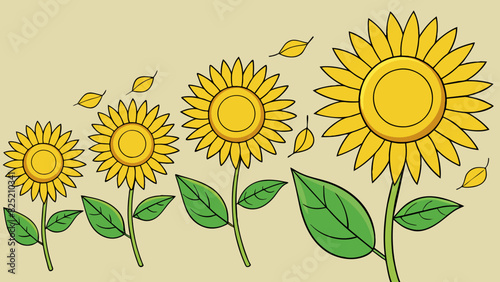 The leaves of a sunflower slowly turning towards the sun each petal delicately moving to catch the warm rays.. Cartoon Vector.
