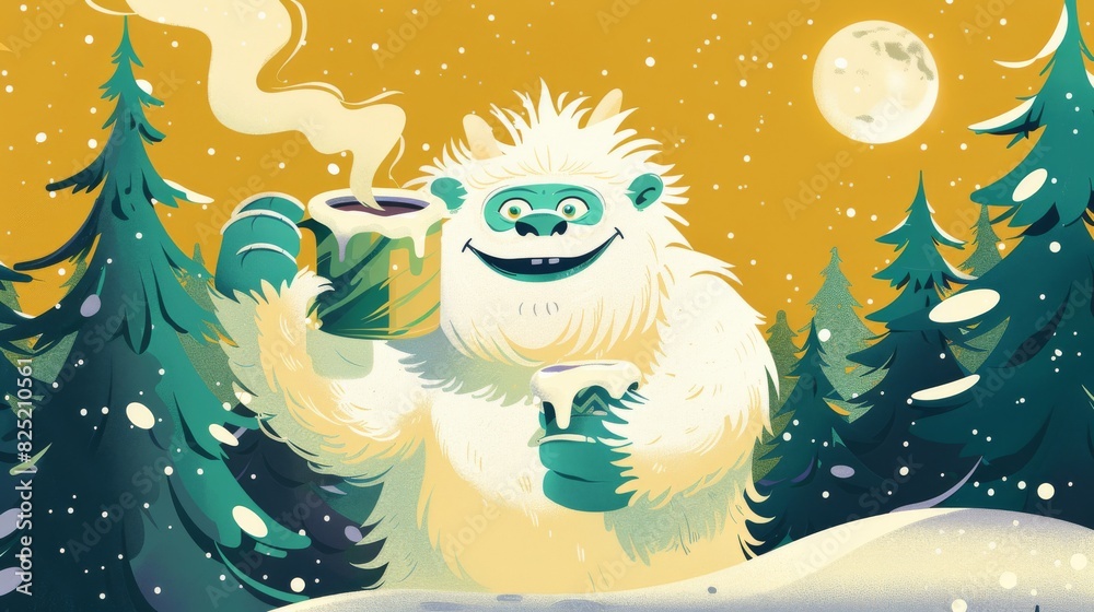 Fototapeta premium Cute Yeti Holding A Cup Of Coffee In Winter Forest For Christmas Card Design