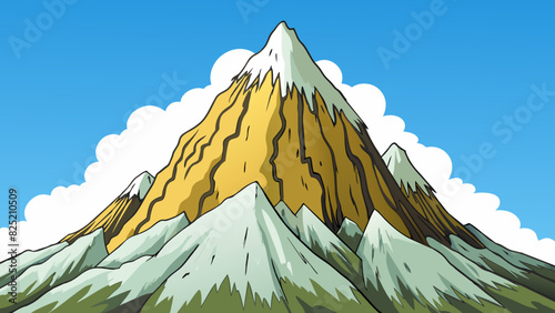 The mountain peak is rather majestic towering high into the sky with rugged cliffs and a dusting of snow at its summit. The faint sound of distant. Cartoon Vector.